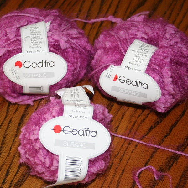 3 full skeins of Gedifra Serano Italian Yarn, 100% Nylon, a beautiful soft red violet yarn