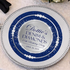 Denim opladerplaat, denim en diamanten verjaardag, denim en parels, babyshower, blauwe en zilveren bedankjes - alleen digitaal bestand