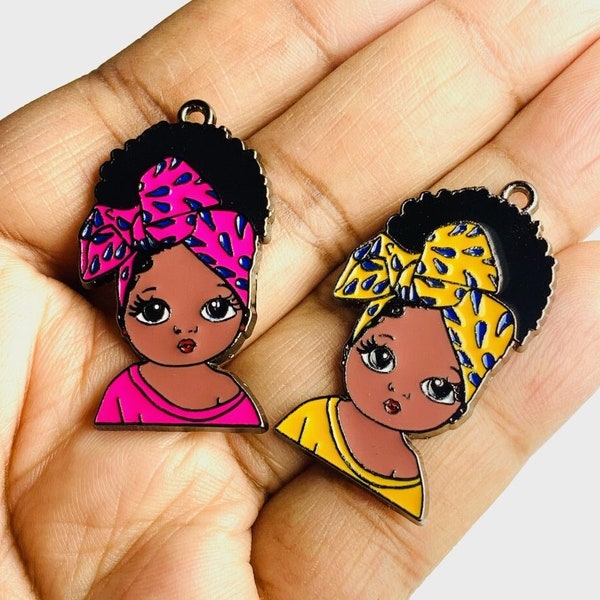 Little Black Girl Charm, Enamel Charm, Baby with Head Wrap, Charm for Kid's Jewelry, Charm for Jewelry Making, Attachments for Bead Bracelet