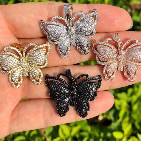 CZ Butterfly Charm, Gold butterfly charm, Crystal Butterfly charm, Charms for jewelry making, Pendants, Animal charms, 33x24.5mm