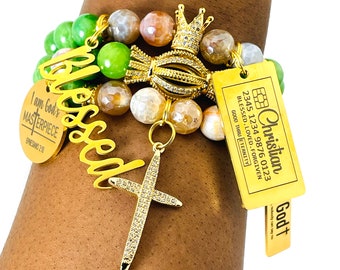 Blessed Beaded Bracelets, Green and Gold, Inspirational, But God, Christian, Jewelry, Charm Bracelets, Gift for her, Women&#39;s Accessories