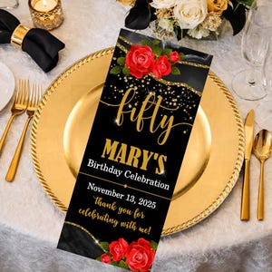 Inserto de plato de carga negro y dorado, menú negro y dorado, fiesta de cumpleaños para adultos, recuerdos de fiesta negros y dorados (solo archivo digital)