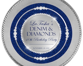 Denim Charger Plate Insert, Denim and Diamonds Birthday, Denim and Pearls, Baby Shower, Blue and Silver favors - Digital File Only