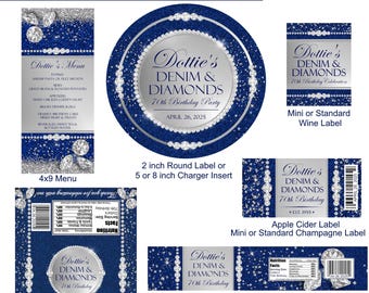Denim and Diamonds Party Favors Pack, Pick 4, Denim and Diamonds Birthday, Baby Shower, Blue and Silver favors - Digital File Only