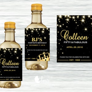 Printed Black and Gold Mini Wine Labels | King&#39;s Crown Labels | Champagne Labels | Birthday Labels | Baby Shower stickers | DIY Party Favors