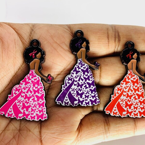 Breast Cancer Awareness Charm, Domestic Violence Awareness Charm, Red Ribbon, Enamel, Black Girl Charm, Pink Ribbon charm, jewelry making