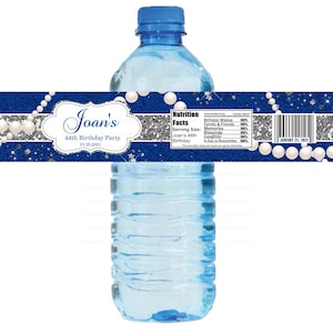 Denim and Pearls Water Bottle Labels, Blue and Silver Labels, Custom Party Favors, Personalized Decorations, Birthday Party Labels, Unique