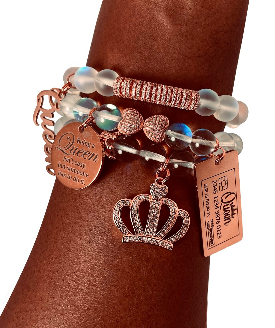Queen Beaded Bracelets, White and Rose Gold, Self-Love, Moonstone, Jewelry, Charm Bracelets, Wrist Wear, Gift for her, Women's Accessories