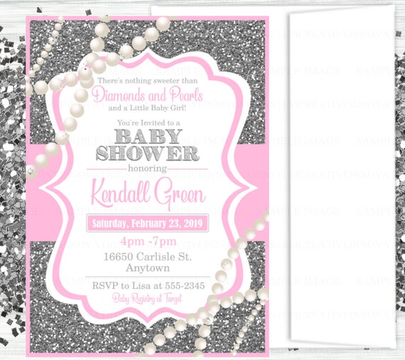 pink and silver diamonds and pearls baby shower invitation - digital file  or printed