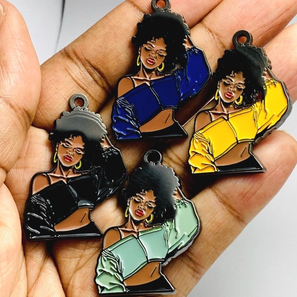 Black Girl Charm, Afro Woman Charm, Charm for Women’s Jewelry, Brown Skin Lady Charm, Attachments for Bead Bracelet, Enamel Charms, Bangles