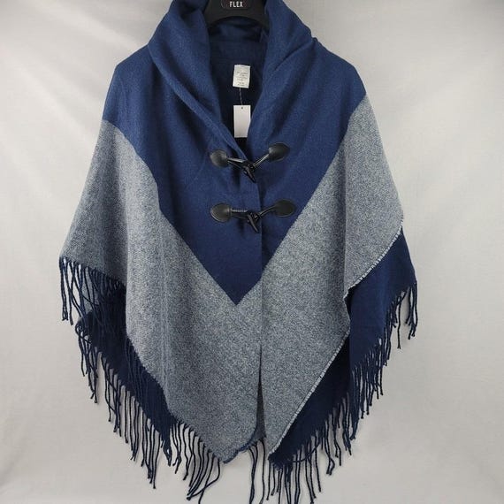 NWT Soft toggle button Blue Colorblock fringe pon… - image 1