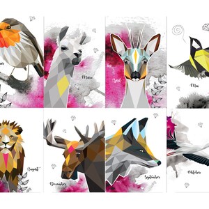 May include: A set of 12 illustrated cards featuring a different animal for each month of the year. The animals are depicted in a geometric style with a watercolor background. The months are labeled below each animal.
