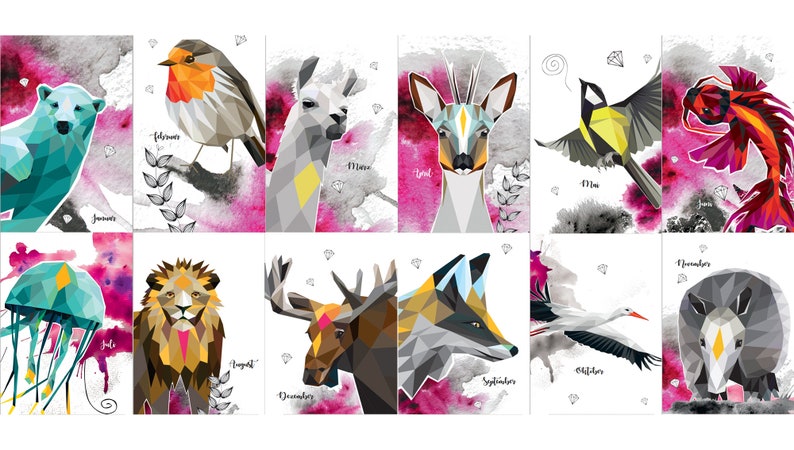 May include: A set of 12 illustrated cards featuring a different animal for each month of the year. The animals are depicted in a geometric style with a watercolor background. The months are labeled below each animal.