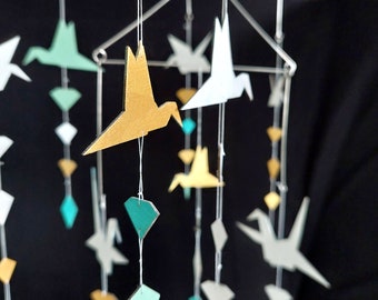 Mobile made of wood - Cranes Birds and Diamonds geometric