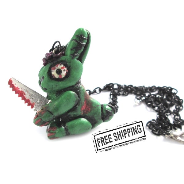 Zombie Bunny Necklace -  psychobilly creepy cute pastel goth evil bunny necklace - kawaii bunny creepy jewelry zombie animals horror jewelry