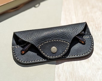 Personalized Black Leather Glasses Case: Handmade Slim Eyewear Protector