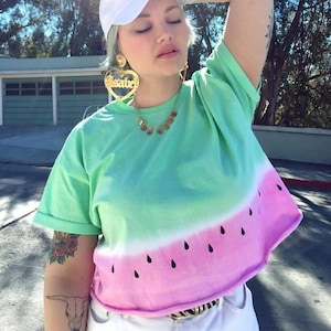 Watermelon Crop Top T-shirt - Raw Hem Summer Shirt - Hand Dyed Fruitcore Top