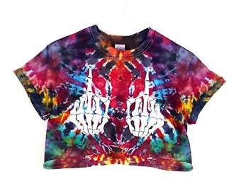 Crop Top Tie Dye T-Shirt Grunge Clothing Skeleton Shirt Middle Finger Swearing Rude Top Pastel Goth Festival Fashion Halloween S/M/L/XL