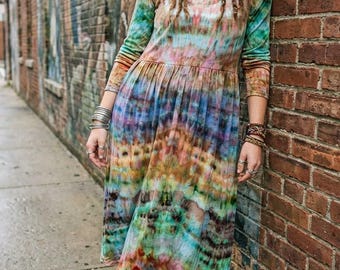 Vestido midi tie-dye com estampa de gelo - Vestido skater de manga comprida tie-dye - Tons terrosos