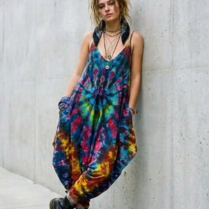 Rainbow Nebula Ice Dye Plus Size Harem Jumpsuit – Tie Dye Festival Romper - Summer Outfit