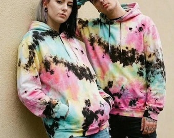 Sudadera con capucha negra en tonos pastel con efecto tie-dye - Top con capucha teñido a mano