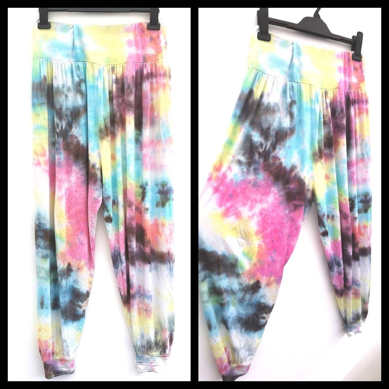 Image of Harem Pants Pastel Black Tie Dye Trousers Yoga Namaste Hippie Festival Outfit Summer Size Uk - Us -