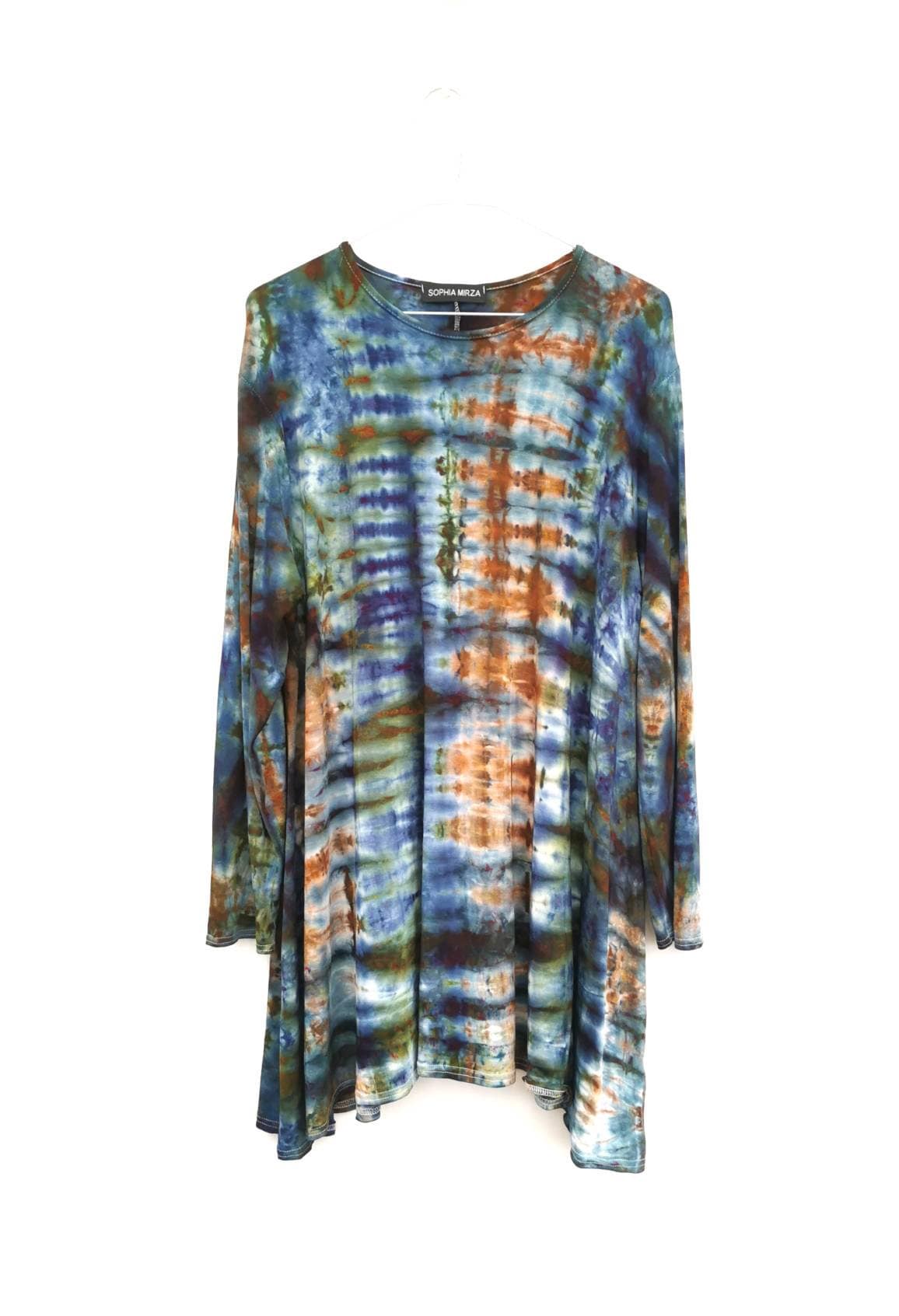 Image of Plus Size Swing Dress Tie Dye Long Sleeve Fall Fashion Grunge Clothing Hippie Tunic Blue Green Autumn Top S/M | M/L Xl Xxl Xxxl