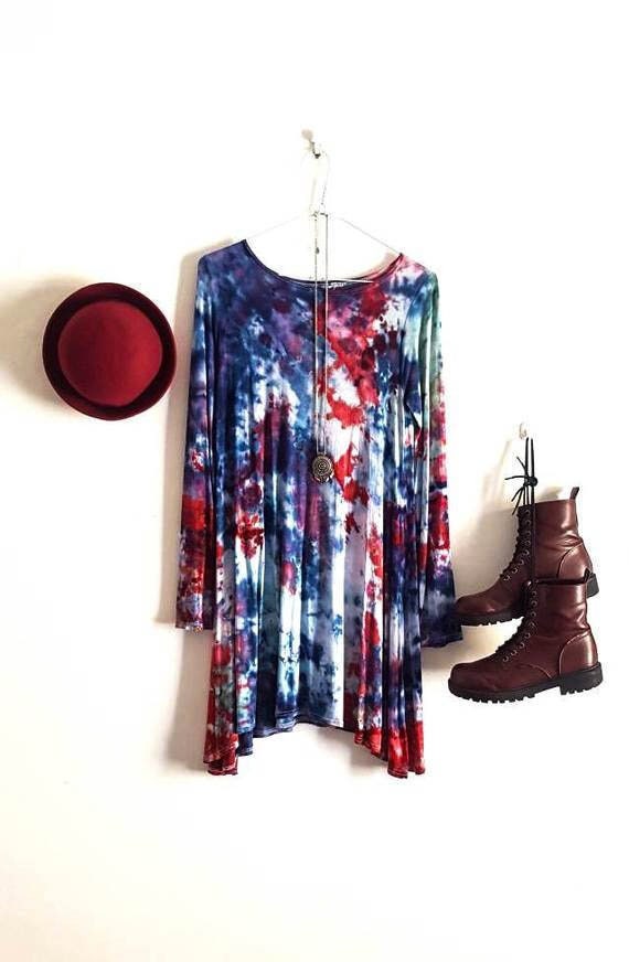 Image of Grunge Tie Dye Long Sleeve Dress Swing Hippie Tunic Top Plus Size S/M | M/L Xl Xxl Xxxl