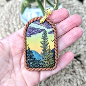Polymer Clay Necklace - Handmade Necklace -  Mountain Scene Necklace - Trees And Mountains - Handmade Jewellery - Polymer Clay Jewellery