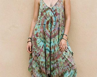 Plus Size Tie Dye Harem Jumpsuit - Festival Hippie Outfit - Earthy Spiral Dye Romper