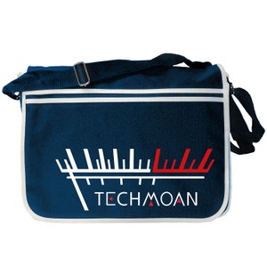 May include: A dark blue canvas messenger bag with a white and red graphic of a car's fuel gauge. The gauge is at the red line and the text "TECHMOAN" is below the gauge.