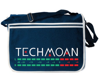May include: A navy blue canvas messenger bag with a white trim. The bag has a white graphic of a sound level meter with the text "TECHMOAN" above it.
