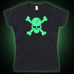 Ladies Skeleton Skull Crossbones Halloween Glow in the Dark Tshirt
