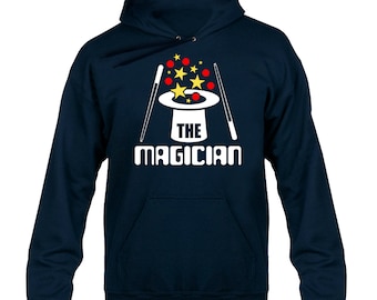 May include: A navy blue hoodie with a white graphic of a top hat with stars and balls coming out of it. The text "The Magician" is below the hat.