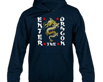 May include: Navy blue hoodie with a white graphic of a golden dragon and the text "Enter the Dragon" in white with red dots.