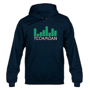 May include: A navy blue hoodie with a green equalizer graphic and the text "TECHMOAN" in white with a red triangle.