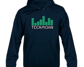 May include: A navy blue hoodie with a green equalizer graphic and the text "TECHMOAN" in white with a red triangle.