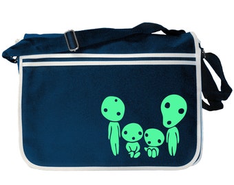 May include: A dark blue canvas messenger bag with a white trim. The bag features a green silhouette of four characters from the animated film 'My Neighbor Totoro'.