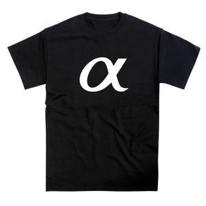 May include: A black t-shirt with a white Greek letter alpha printed on the front.