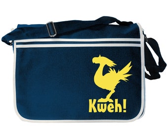 May include: A blue canvas messenger bag with a white trim. The bag features a yellow silhouette of a bird with the text "Kweh!" printed below it.
