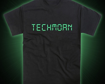 May include: Black t-shirt with the word "TECHMOAN" in green digital font.