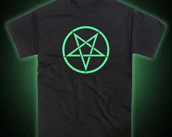 May include: Black t-shirt with a green pentagram design. The pentagram is outlined in a circle.