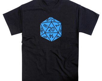 May include: Black t-shirt featuring a blue twenty-sided die graphic. The die is a light blue color with white numbers. The shirt is a short-sleeved crew neck style.