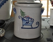 Rowe Pottery Salt Glaze Christmas Crock Decorated w Retired Sleigh Ride Pattern Mint Cambridge WI Salt Glaze Pottery Winter Christmas Decor