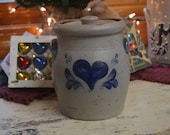Rowe Pottery Salt Glaze Heart Decorated Canister Rowe Pottery Crock W-Lid Excellent Cond Cambridge WI Pottery Vintage Heart Christmas Decor