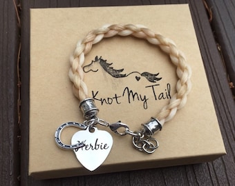 Personalized Horsehair Bracelet - Horse Tail Bracelet, Equestrian Keepsake, Horse Hair Jewelry, Engraved Bracelet, Heart Tag