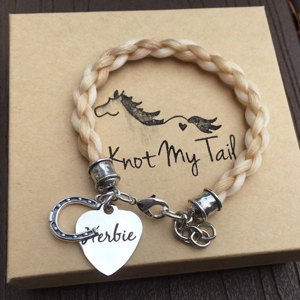 Personalized Horsehair Bracelet - Horse Tail Bracelet, Equestrian Keepsake, Horse Hair Jewelry, Engraved Bracelet, Heart Tag