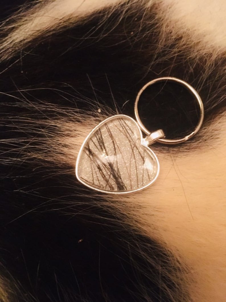 May include: A silver heart-shaped keychain with a clear resin insert containing black hair strands and glitter.