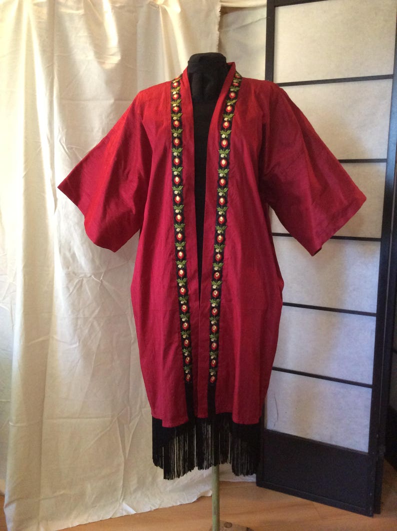 Red Silky Satin Kimono Robe