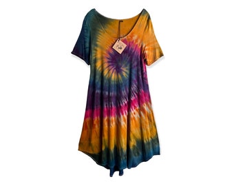 medium tie dye DRESS, hand-dyed jersey knit frock, ladies size M, ice-dyed and one-of-a-kind, short sleeve FESTIVAL dress, knee length fit